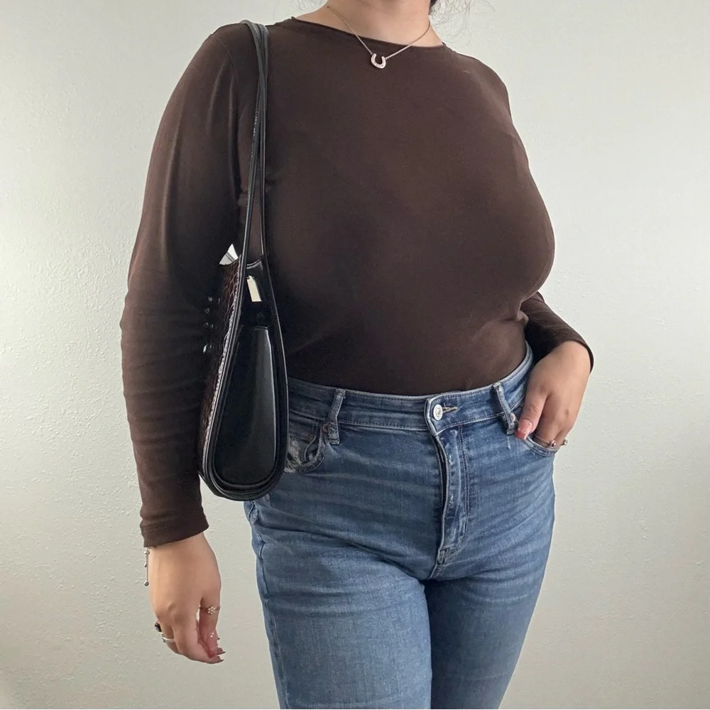 Vintage 90s Black Dark Brown Shiny Faux Leather Croc Embossed Shoulder Bag